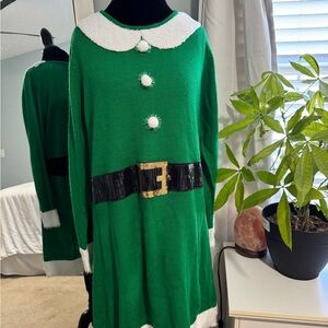 Women's Christmas Green Elf Sweater Dress with Belt Design